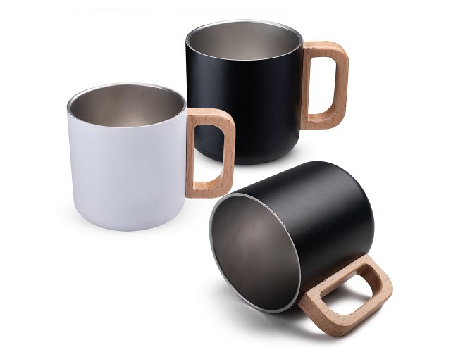 Caneca térmica com alça em madeira